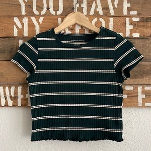 American Eagle Forest Green and Good Striped Ruffle Hem Crop Top Tee